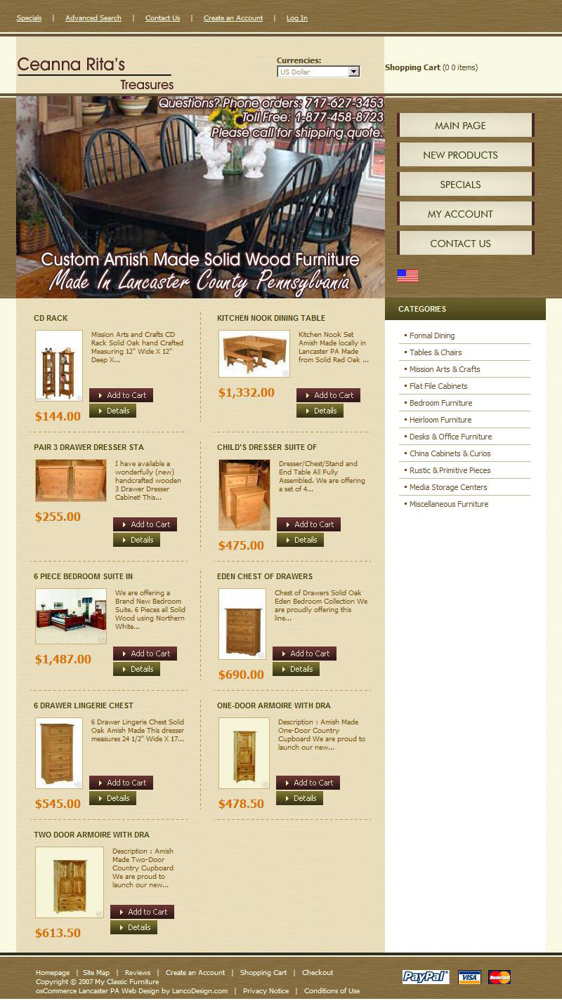 Ceanna Ritas Treasures - gift shop and furniture sales website design