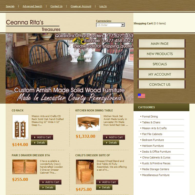 Ceanna Ritas Treasures - gift shop and furniture sales website design